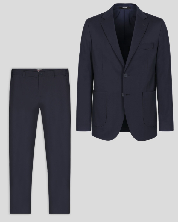 ТЪМНОСИН  КОСТЮМ ОТ ЕЛАСТИЧЕН ПЛАТ ВТАЛЕН СИЛУЕТ