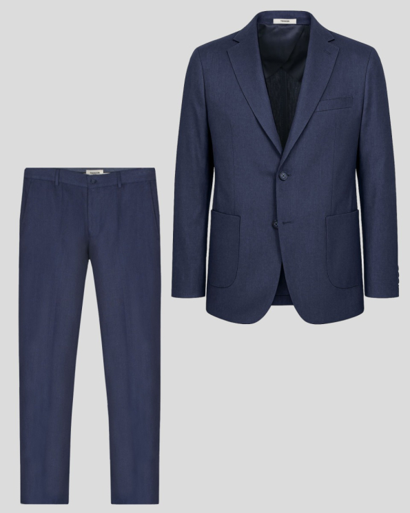 ОЛЕКОТЕН ЛЕНЕН КОСТЮМ СВОБОДЕН СИЛУЕТ В ДЕНИМ СИН ЦВЯТ