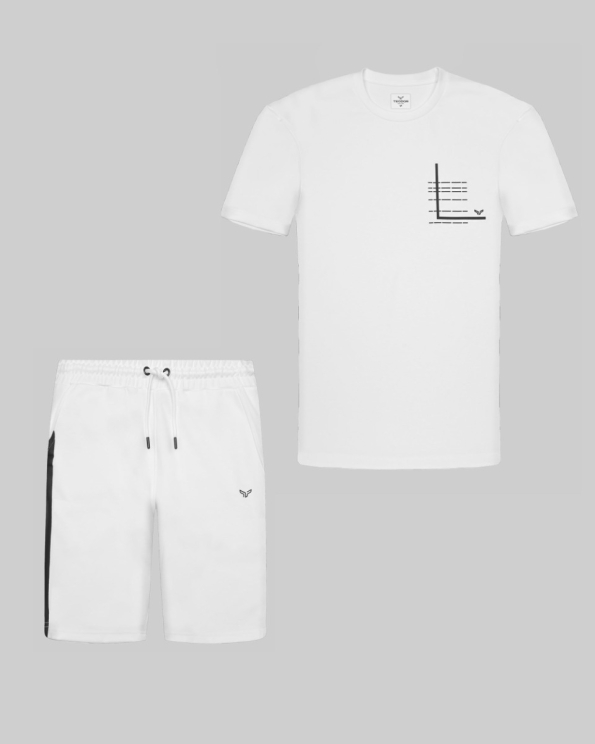 БЯЛ СПОРТЕН КОМПЛЕКТ ОТ ЕЛАСТИЧНО ТРИКО С КОНТРАСТЕН РЕЛЕФЕН ПРИНТ