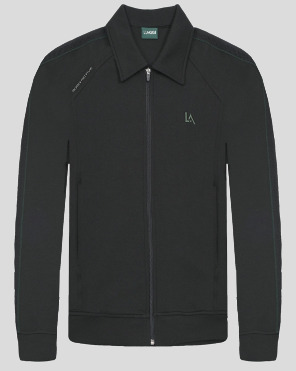 ЧЕРЕН СПОРТЕН ЕКИП С КЛАСИЧЕСКА ЯКА И РЕФЛЕКТЕН ПРИНТ ОТ ПАМУК И МОДАЛ