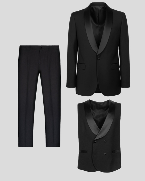 ЧЕРЕН ЦЕРЕМОНИАЛЕН КОСТЮМ ТРИ ЧАСТИ СЪС САТЕНИРАНА ШАЛ ЯКА