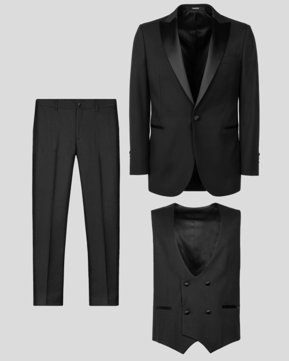 ЧЕРЕН ЦЕРЕМОНИАЛЕН КОСТЮМ ТРИ ЧАСТИ С ОСТЪР САТЕНИРАН РЕВЕР