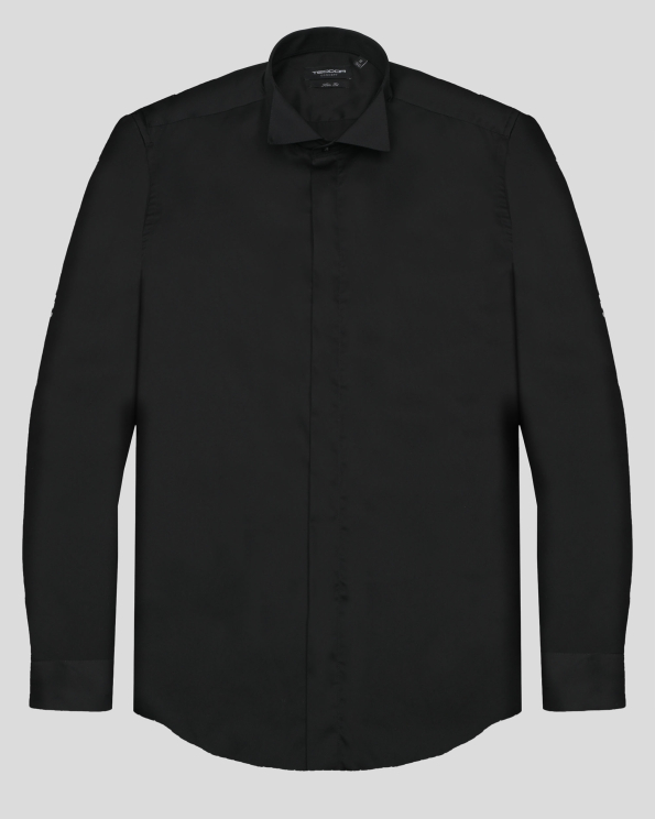 ЧЕРНА ОФИЦИАЛНА РИЗА ОТ САТЕНИРАН ПАМУК ВТАЛЕН СИЛУЕТ