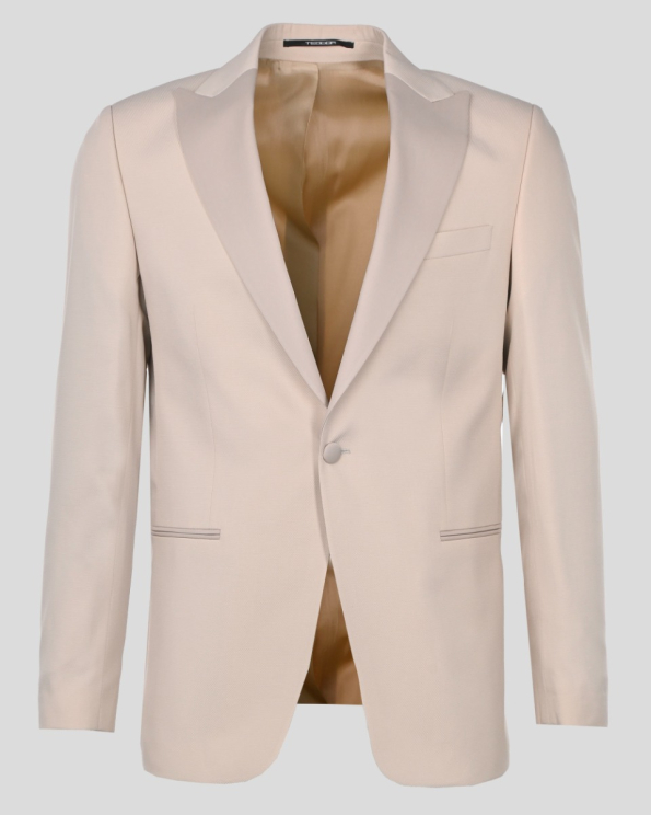 БЕЖОВ ЦЕРЕМОНИАЛЕН КОСТЮМ В СИТНА СТРУКТУРА С ОСТЪР САТЕНИРАН РЕВЕР