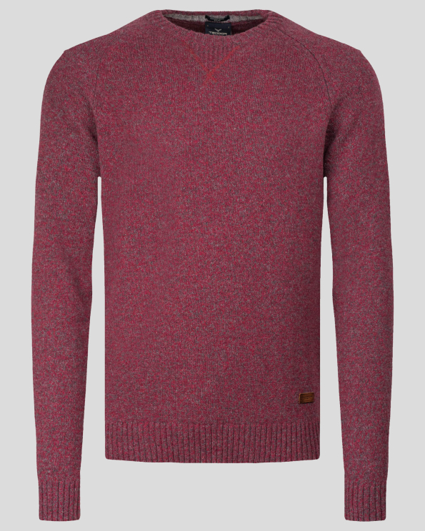 МЕЛАНЖИРАН ПУЛОВЕР С РЕГЛАН РЪКАВ И ЛОГО В БОРДО И СИВО