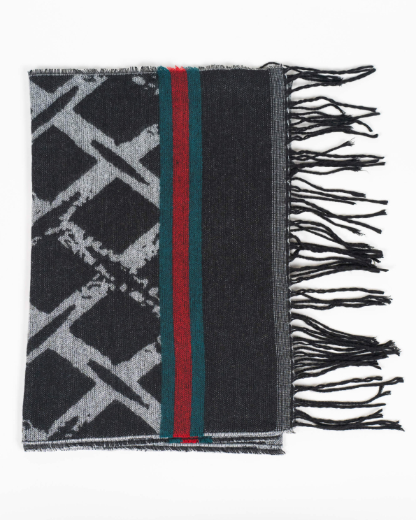 МЕК ШАЛ В ЧЕРНО И СИВО С ФИГУРАЛНИ ЕЛЕМЕНТИ И КОНТРАСТНА ДЕСЕНАЦИЯ  