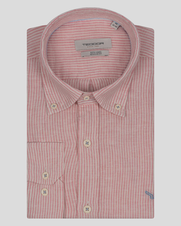 ЛЕНЕНА РИЗА СВОБОДЕН СИЛУЕТ В РОЗОВО И БЯЛО С БРОДЕРИЯ ЛОГО