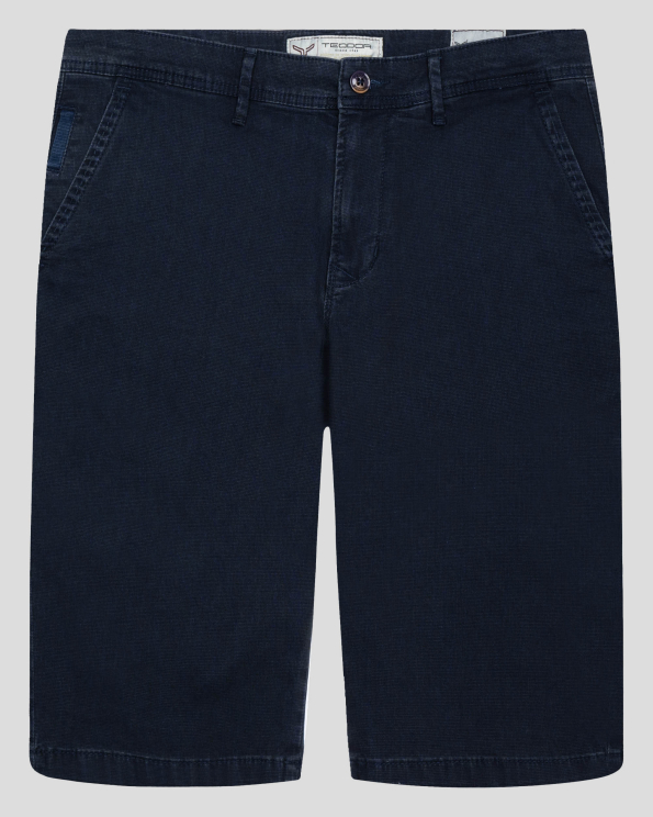 ТЪМНО СИНИ  СТРУКТУРНИ БЕРМУДИ С БРОДЕРИЯ ЛОГО