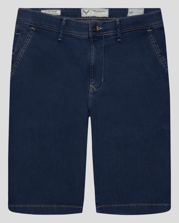 ДЕНИМ СИНИ СТРУКТУРНИ БЕРМУДИ С КОНТРАСТНИ  ШЕВОВЕ