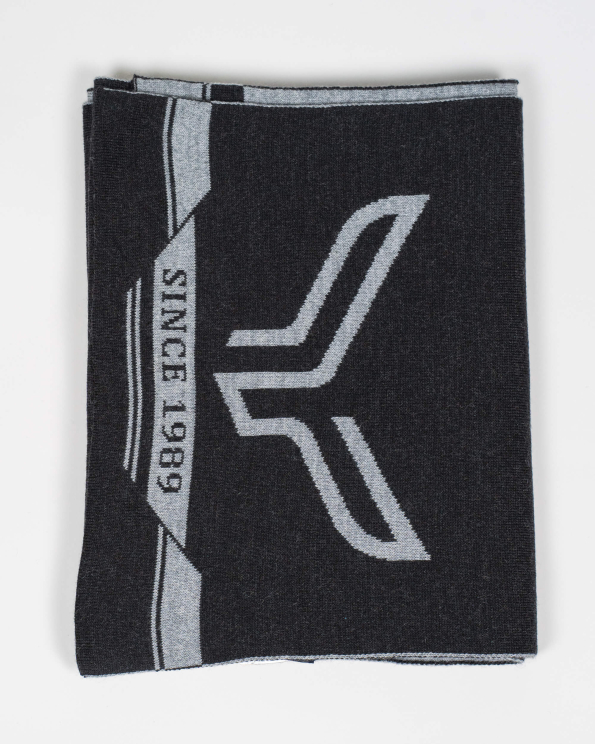 ДВУЛИЦЕВ ВЪЛНЕН ШАЛ С ЛОГО И НАДПИС В ЦВЯТ АНТРАЦИТ И СВЕТЛО СИВО