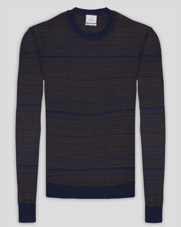 ДВУЦВЕТЕН РИНГЕЛ ПУЛОВЕР В ТЪМНОСИНЬО И КАФЯВО ОТ ПАМУК И КАШМИР