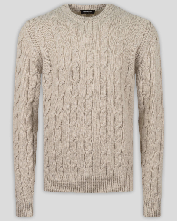 БЕЖОВ ПУЛОВЕР МЕЛАНЖ ОТ ВЪЛНА МЕРИНО И КАШМИР С ПЛЕТКА ОСМОРКА 