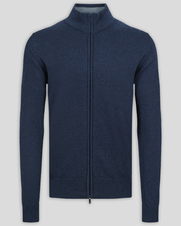 ТЪМНОСИНЯ ЖИЛЕТКА С КОНТРАСТНА ДЕСЕНАЦИЯ НА ЯКАТА ОТ 100% КАШМИР