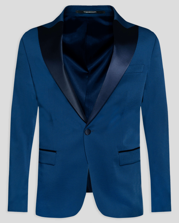 ТЪМНОСИНЬО ЦЕРЕМОНИАЛНО САКО С ОСТЪР САТЕНИРАН РЕВЕР ВТАЛЕН СИЛУЕТ