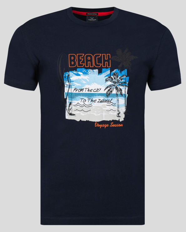 ТЪМНОСИНЯ ТЕНИСКА ОТ PREMIUM ПАМУК С КОНТРАСТНА ЩАМПА С НАДПИС 