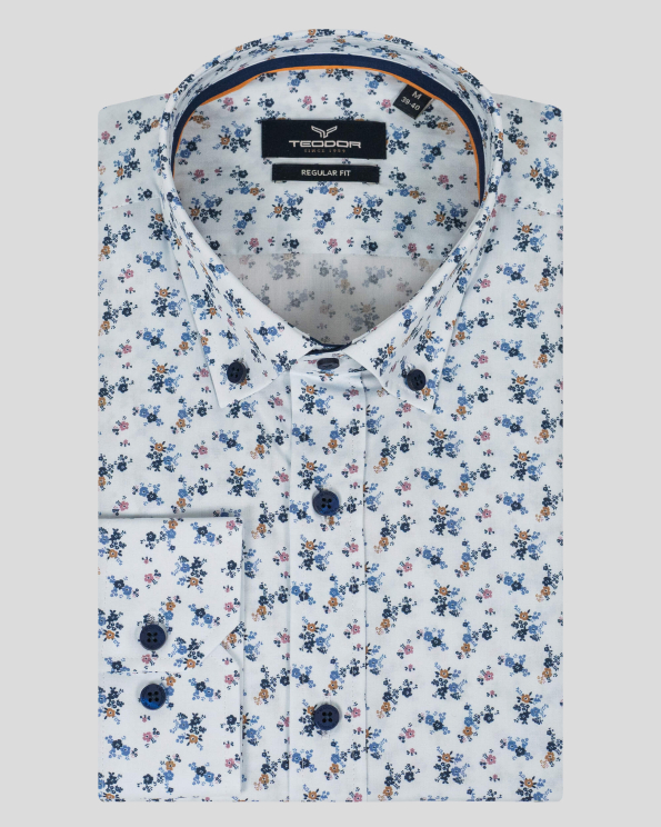 СВЕТЛОСИНЯ ПАМУЧНА РИЗА С КОНТРАСТЕН ФЛОРАЛЕН ДЕСЕН