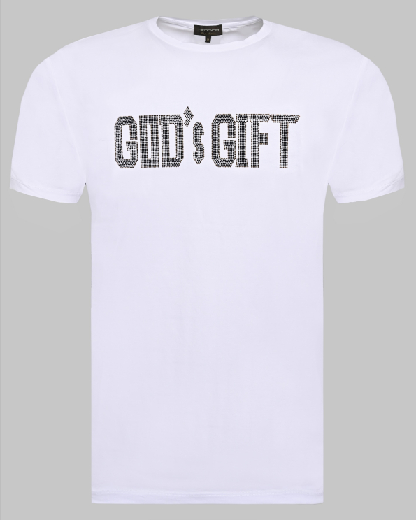 БЯЛА ТЕНИСКА С ЕФЕКТЕН ПРИНТ С НАДПИС "GOD`s GIFT"