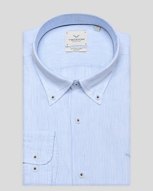 СВЕТЛОСИНЯ РИЗА МЕЛАНЖ ОТ ЛЕН И ПАМУК В ДИСКРЕТНО РАЙЕ