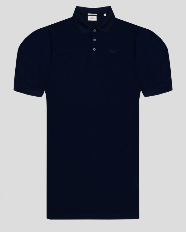 ТЪМНОСИНЯ ТЕНИСКА С ПОЛО ЯКА И ТОНАЛЕН ПРИНТ ЛОГО 