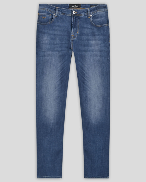 ДЕНИМ СИНИ ДЪНКИ СВОБОДЕН СИЛУЕТ С ЛЕК ИЗТРИТ ЕФЕКТ И ЛОГО