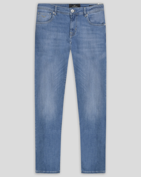 СИНИ ДЪНКИ 5 ДЖОБА С КОНТРАСТНА БРОДЕРИЯ ЛОГО СВОБОДЕН СИЛУЕТ