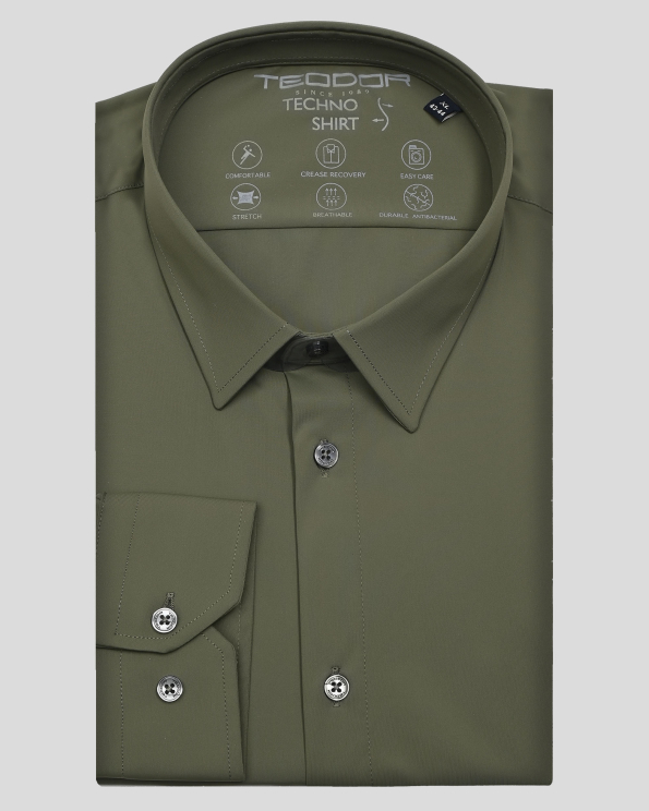 ТЪМНОЗЕЛЕНА РИЗА ОТ ТЕХНОЛОГИЧЕН ТЕКСТИЛ С ЕЛАСТАН ВТАЛЕН СИЛУЕТ