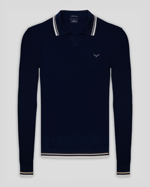 ТЪМНОСИН  СТРУКТУРЕН ПУЛОВЕР  ОТ PREMIUM ПАМУК С КОНТРАСТНА ДЕСЕНАЦИЯ 