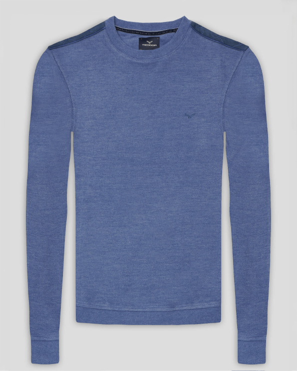 СИНЯ БЛУЗА МЕЛАНЖ С БРОДЕРИЯ ЛОГО И ПЛАТКИ ОТ ВЕЛУР НА РАМЕНЕТЕ