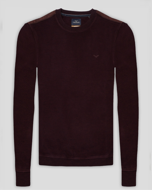 БЛУЗА С ОБЛО ДЕКОЛТЕ И ПЛАТКИ ОТ ВЕЛУР НА РАМЕНЕТЕ В БОРДО МЕЛАНЖ