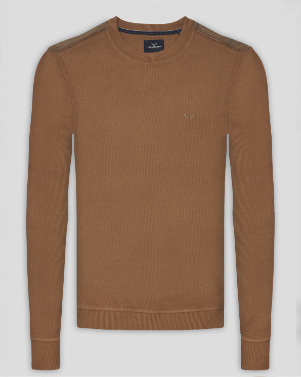 БЛУЗА С ОБЛО ДЕКОЛТЕ И ПЛАТКИ ОТ ВЕЛУР НА РАМЕНЕТЕ В ЦВЯТ ОХРА