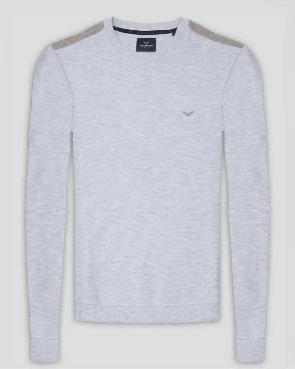 СВЕТЛОСИВА МЕЛАНЖИРАНА БЛУЗА С КОНТРАСТНА ГАРНИТУРА НА РАМЕНЕТЕ