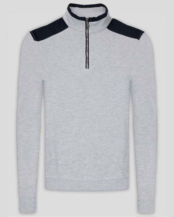 СВЕТЛОСИВА СТРУКТУРНА БЛУЗА С КЪС ЦИП И КОНТРАСТНА ГАРНИТУРА 