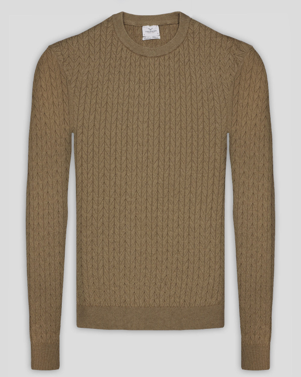 СТРУКТУРЕН ПУЛОВЕР С ПЛЕТКА РИБЕНА КОСТ ОТ ПАМУК И КАШМИР В ЦВЯТ КАМЕЛ