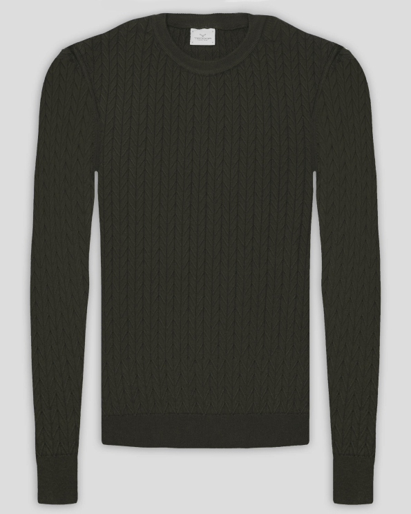  СТРУКТУРЕН ПУЛОВЕР С ПЛЕТКА РИБЕНА КОСТ ОТ ПАМУК И КАШМИР В ЦВЯТ КАКИ