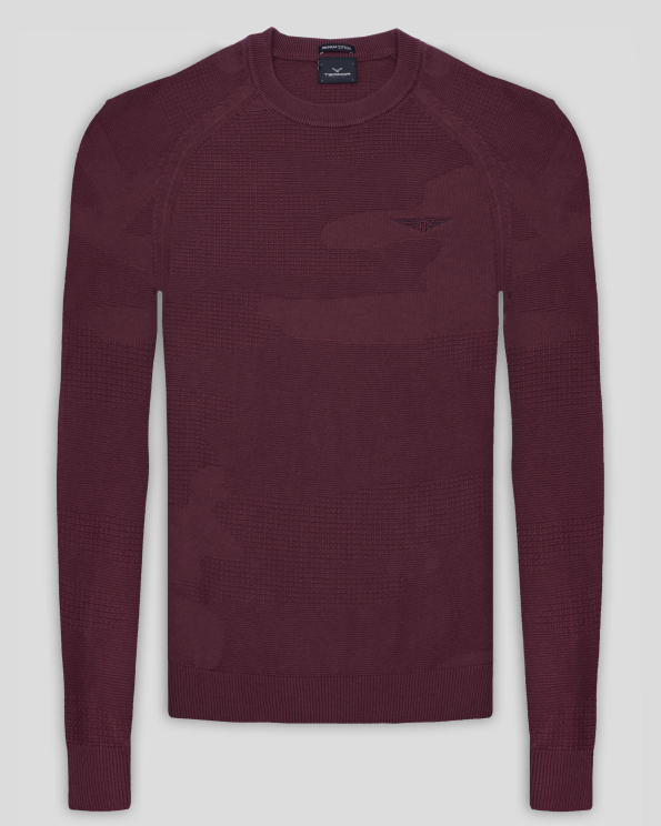  СТРУКТУРЕН ПУЛОВЕР С ТОНАЛНИ ФИГУРАЛНИ МОТИВИ В БОРДО