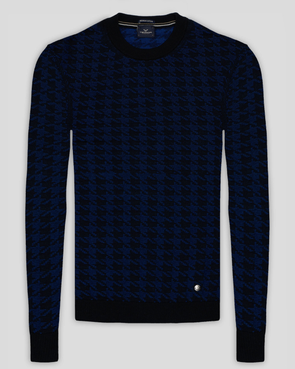 ПУЛОВЕР В СТРУКТУРНА ПЛЕТКА С ФИГУРАЛНИ ЕЛЕМЕНТИ В ЧЕРНО И СИНЬО