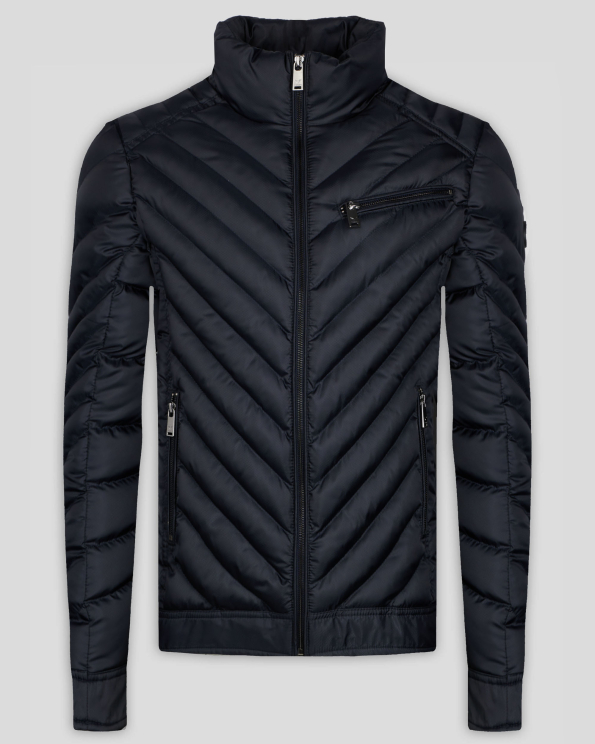 ТЪМНОСИНЬО КАПИТОНИРАНО ЯКЕ С МЕТАЛНИ ЦИПОВЕ И ЛОГО ЕМБЛЕМА НА РЪКАВ