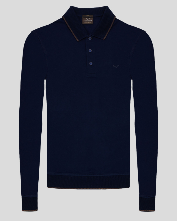 ТЪМНОСИНЯ  БЛУЗА С ПОЛО ЯКА ОТ ДВОЙНО МЕРСЕРИЗИРАН ЕГИПЕТСКИ ПАМУК  