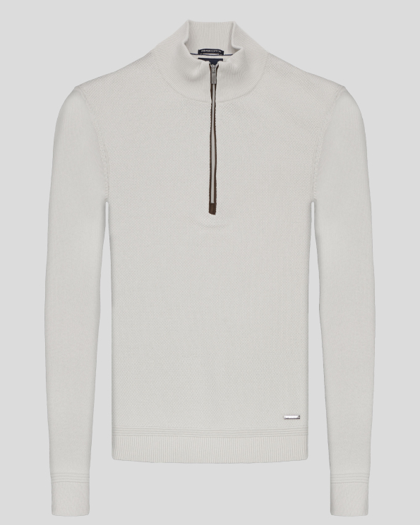 ПУЛОВЕР  ОТ PREMIUM ПАМУК С КЪС ЦИП И ЛОГО В ЦВЯТ СЛОНОВА КОСТ