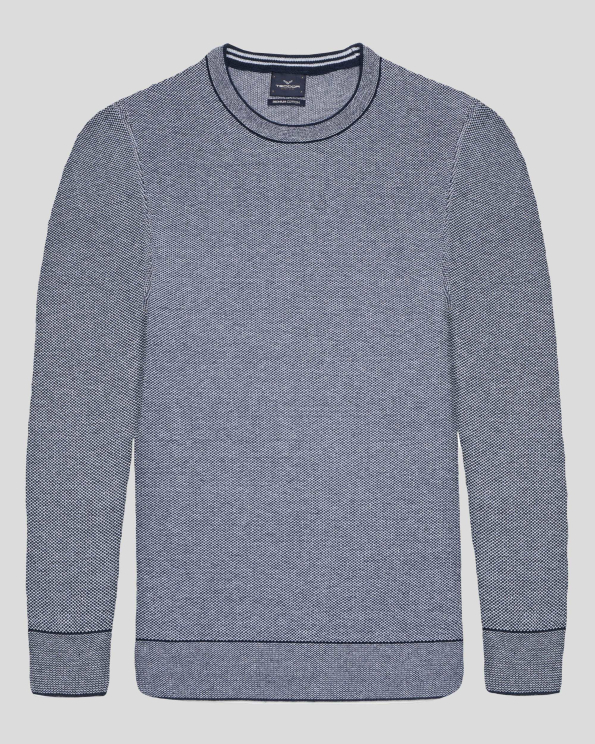 ПАМУЧЕН ПУЛОВЕР С ДВУЦВЕТНА СТРУКТУРНА ПЛЕТКА В ТЪМНОСИНЬО И БЯЛО 