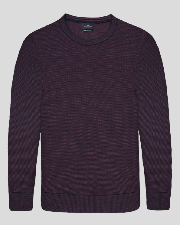  ПУЛОВЕР С ДВУЦВЕТНА СТРУКТУРНА ПЛЕТКА В БОРДО И ТЪМНОСИНЬО