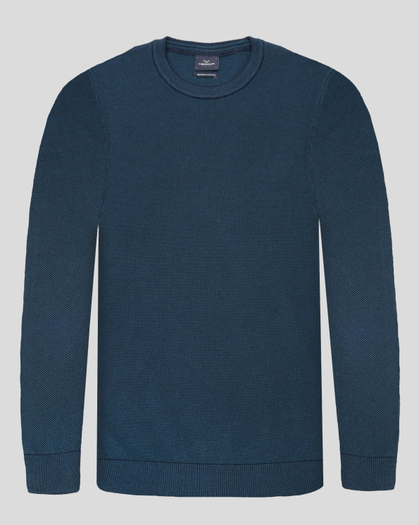 ПУЛОВЕР С ДВУЦВЕТНА СТРУКТУРНА ПЛЕТКА В ТЪМЕН ПЕТРОЛ И ТЪМНОСИНЬО