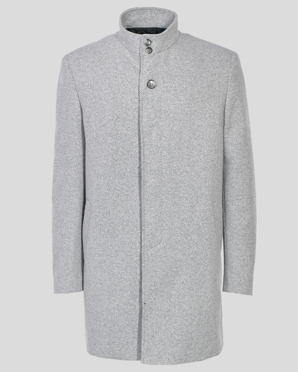 СИВО ПАЛТО МЕЛАНЖ СЪС СКРИТО ЗАКОПЧАВАНЕ И ЛОГО НА ЯКАТА