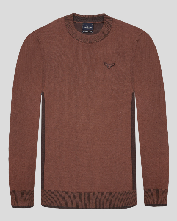 ПУЛОВЕР ОТ PREMIUM ПАМУК С РЕЛЕФНА БРОДЕРИЯ ЛОГО В КЕРЕМИДЕНО КАФЯВО