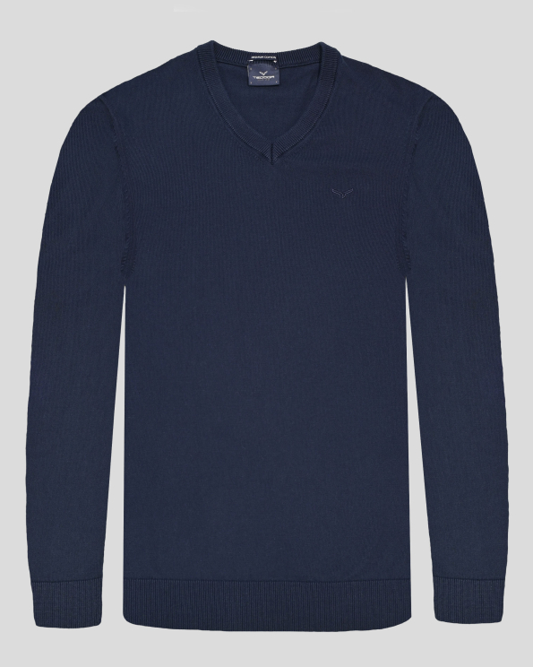 ТЪМНОСИН ПУЛОВЕР С V-ОБРАЗНО ДЕКОЛТЕ И БРОДЕРИЯ ЛОГО ОТ PREMIUM ПАМУК 