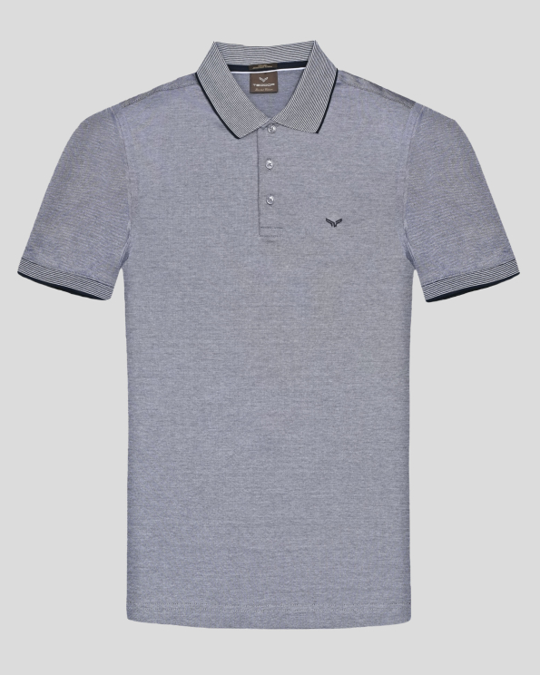 ПОЛО ТЕНИСКА В ТЪМНОСИН И БЯЛ МЕЛАНЖ ОТ ДВОЙНО МЕРСЕРИЗИРАН ПАМУК