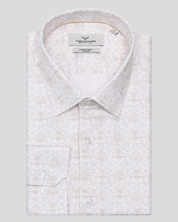 ДВУЦВЕТНА РИЗА С ЕФЕКТЕН АРТ ПРИНТ В БЯЛО И БЕЖОВО 