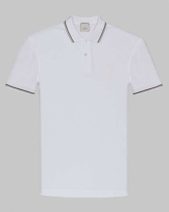 БЯЛА ПОЛО ТЕНИСКА ОТ PREMIUM ПАМУК С КОНТРАСТНА ДЕСЕНАЦИЯ И ЛОГО