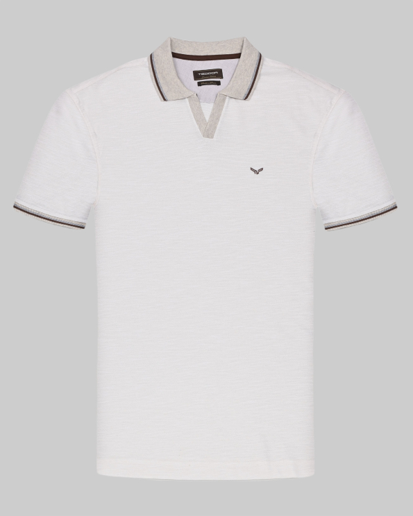 ТЕНИСКА С ПОЛО ЯКА И КОНТРАСТНА ДЕСЕНАЦИЯ В ЦВЯТ ЕКРЮ МЕЛАНЖ