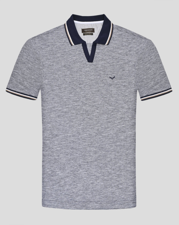 ТЕНИСКА С ПОЛО ЯКА ОТ ПАМУК, МОДАЛ И ЛЕН В ТЪМНОСИН И БЯЛ МЕЛАНЖ 